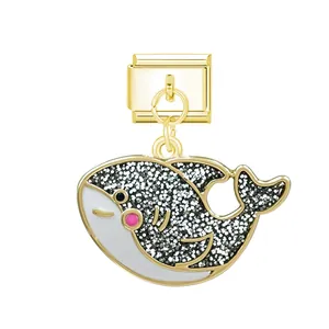 Charme de baleine dorée avec paillettes argentées pour bracelet à maillons modulaires italiens