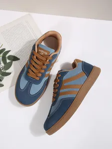 Vintage-style blue and brown patchwork German Army Trainer sneakers for women casual
