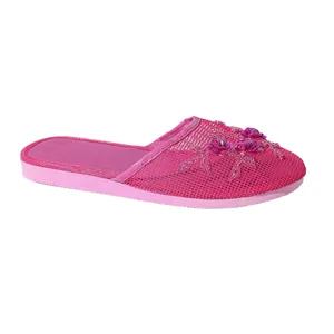 Stilvolle rosa Mesh-Mules mit Blumenstickerei, Pailletten-Details und flacher Sohle für Damen