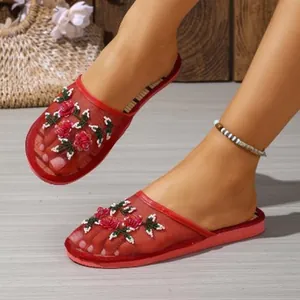 Elegant red mesh mules with 3D rose floral embroidery and comfortable flat soles