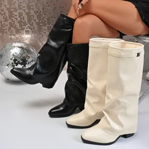 Bottes de Mode pour Femmes Jambe de Pantalon Slouchy Talon Bloc Bout Pointu Tube Haut Similicuir Chic Automne Hiver Chaussures de Fête