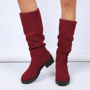 Stylish burgundy slouchy mid-calf faux suede boots with low heels for women