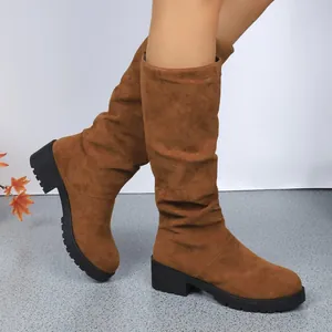 Classic brown suede slouchy mid-calf boots with low block heel for autumn winter