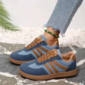Women Retro GAT Style Sneakers Patchwork Blue PU Leather Low Top Lace Up Fashion Walking Shoes Non Slip Rubber Gum Sole