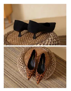 Detail views of suede pointed-toe kitten heels in black and leopard print