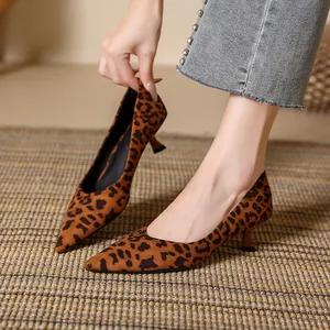 Chic leopard print pointed-toe kitten heel pumps with soft suede finish for women