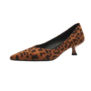 Fashionable pointed toe leopard print suede kitten heel pumps for women office wear