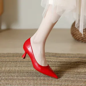Escarpins rouges élégants à bout pointu et petits talons portés par un mannequin pour le style