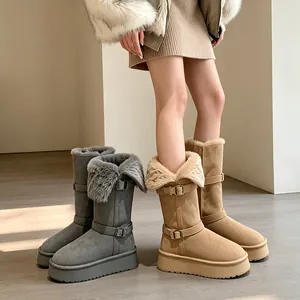 Women's Hidden Heel Snow Boots Winter Warm Plush Thickened Long Boots With Buckle Two-Way Wear Platform Cotton Boots