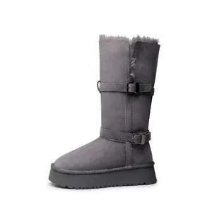 Stylish grey platform tall snow boots for women with warm fur lining and buckle straps