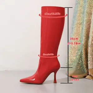 Red pointed-toe knee-high boots with 9cm heel height and detailed shaft measurements