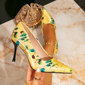 Women Yellow Patent Leather Floral Print Pointed Toe High Heels Elegant Stiletto Pumps Mori Girl Style Summer Banquet Dress Shoes
