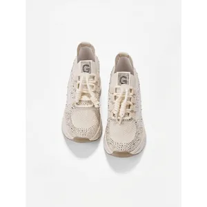 Baskets compensées respirantes beiges pour femmes avec des strass brillants et lacets