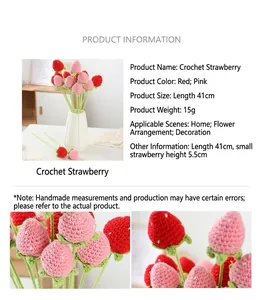 Produktdetails und Nahaufnahmen von handgehäkelten Erdbeeren für die Dekoration.