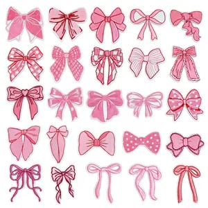 Pink Bow Embroidered Patches For Clothing DIY Hair Clips Socks Decoration Applique Polyester Sewing Fabric Patches Accessories
