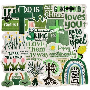 25Pcs Inspirational Green Embroidered Patches Set Religious Bible Verse Cross Rainbow Flower Iron On Repair Patches For Clothing
