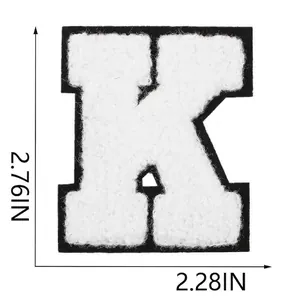 White chenille embroidery letter K patch measuring 7cm by 5.8cm for DIY clothing