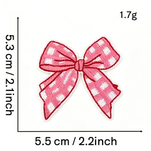 Pink checkered bow embroidered patch details showing dimensions 5.5 x 5.3 cm and weight 1.7 g