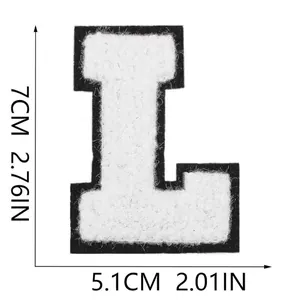 Detailed view of white chenille letter L embroidery patch showing 7x5.1cm dimensions