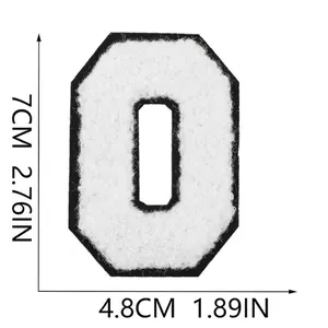 Detailed view of a white chenille letter O embroidery patch with 7cm height measurements
