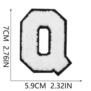 Detailed view of a white chenille letter Q embroidery patch showing 7cm height.
