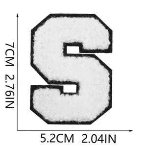 Detailed view of 7cm white chenille letter S embroidered patch with specific dimensions