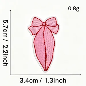 Detailed product view of a pink bow embroidered patch with precise metric size measurements