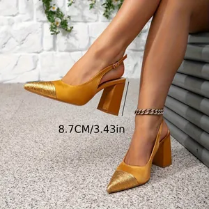 Side detail view of elegant gold pointed toe chunky sandals with 8.7cm heel height