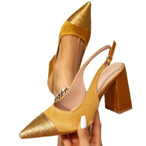 Elegant women's gold pointed toe block heel slingback pumps for party and fashion events.