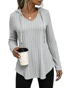 Unisex Geribbelde T-shirt met Capuchon Lange Mouw V-hals Trekkoord Pullover Casual Effen Kleur Gebogen Zoom Gebreide Polyester Top