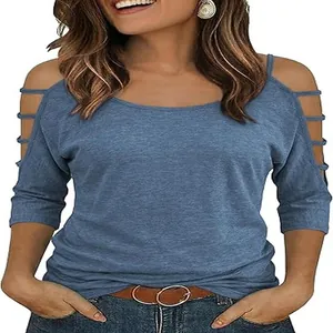 Front view of a blue grey cold shoulder t-shirt with stylish strap details and half sleeves