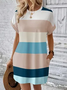 Casual women's striped round neck milk silk t-shirt dress with pockets for summer