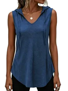 Maglietta da donna blu senza maniche con cappuccio e scollo a V e coulisse comoda.