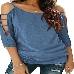 Close-up view of a blue cold-shoulder T-shirt featuring stylish ladder cut-out sleeves