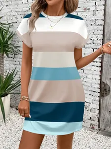 Casual striped round neck T-shirt dress shown in a bright lifestyle outdoor setting
