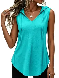 T-shirt da donna senza maniche con cappuccio e scollo a V in turchese per l'estate
