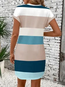 Back view of a casual summer short-sleeved dress featuring bold horizontal stripes