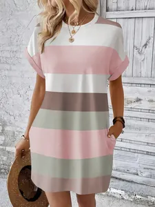 Detail view of a casual round neck striped T-shirt dress featuring convenient side pockets