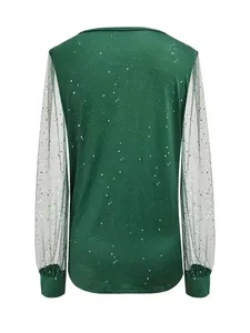 Detailed back view of an elegant dark green top featuring sparkling sequin mesh long sleeves.