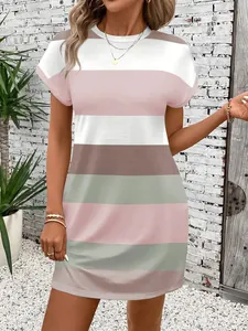 Close-up detail of women's casual short sleeve striped round neck dress in soft fabric