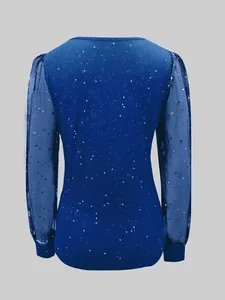 Detailed back view of navy blue T-shirt with sheer starry mesh sleeves