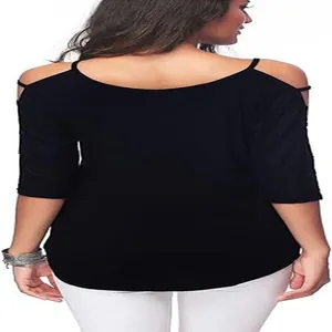 Back view of a minimalist black cold-shoulder T-shirt with half sleeves and loose fit.