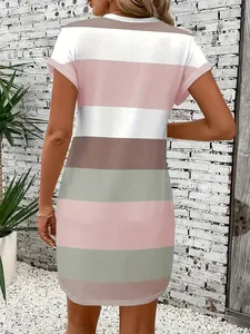 Back view of a summer casual women's mini dress with colorful horizontal stripes.