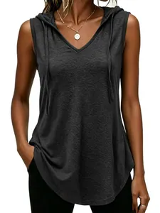 T-shirt casual smanicata grigio scuro con cappuccio e scollo a V per donne moda.