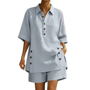 Elegantes, lässiges zweiteiliges Leinen-Set für Damen mit Hemd und passenden Shorts