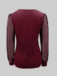 Back view of elegant wine red T-shirt with sheer star-patterned mesh long sleeves
