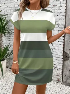 Stylish casual striped crewneck mini dress in green and white tones for summer wear