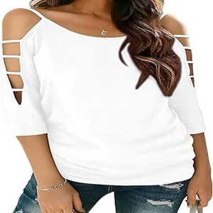 Detailed view of white cold shoulder T-shirt with cutout half sleeves and round neck