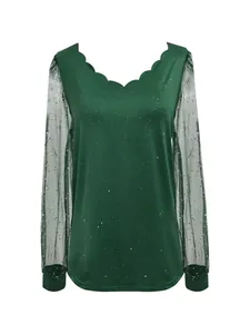 Dark green V-neck long-sleeve T-shirt with glitter sheer sleeves and scalloped neckline
