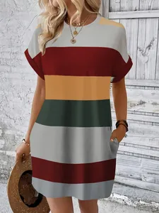 Detail view of a casual striped milk silk commuter dress featuring pockets and round neck
